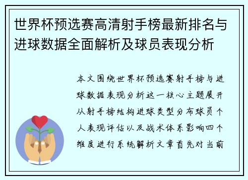 世界杯预选赛高清射手榜最新排名与进球数据全面解析及球员表现分析